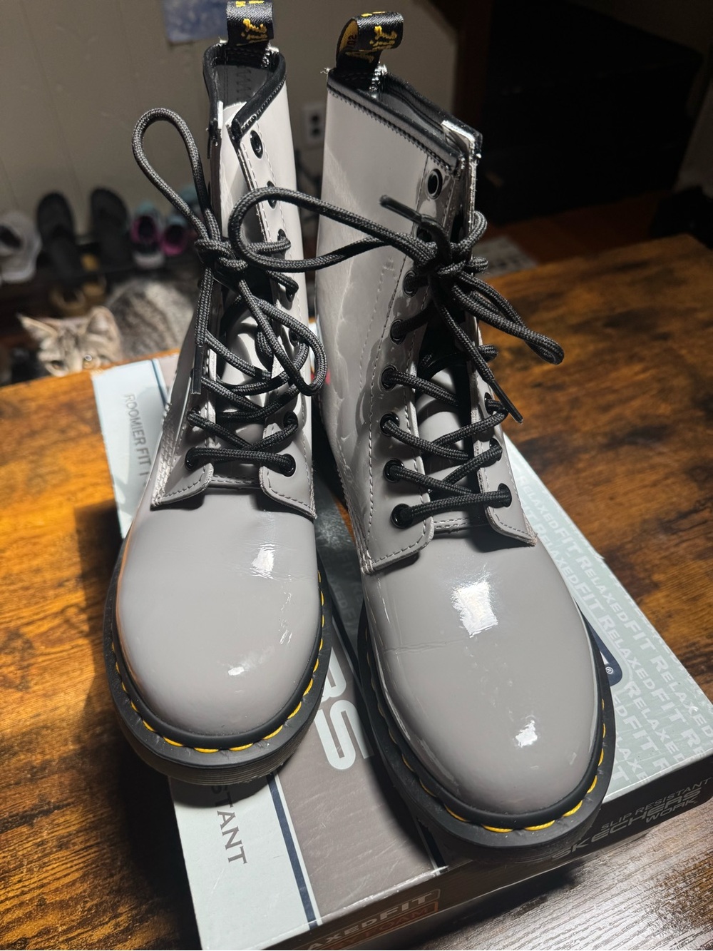 Dr. Martens Women's Lace-Up Boots in Light Gray with Black Laces